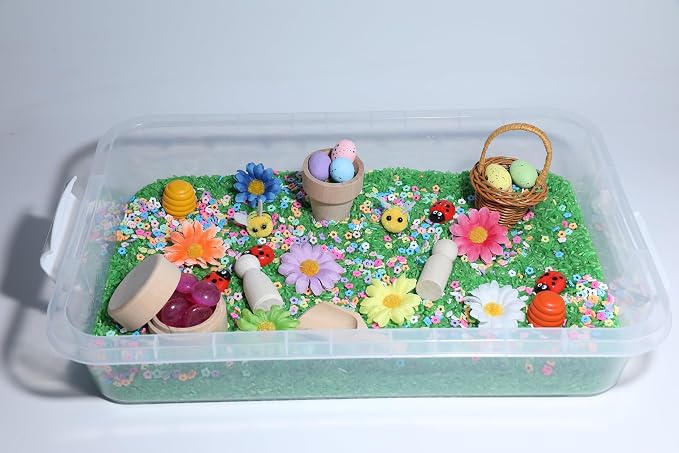 Spring Flower Sensory Bin Kit for Kids | Green Rice, Felt Bees, Wooden Eggs & Ladybugs, Floral Accessories & Wooden Tools – Includes Clear Storage Bin