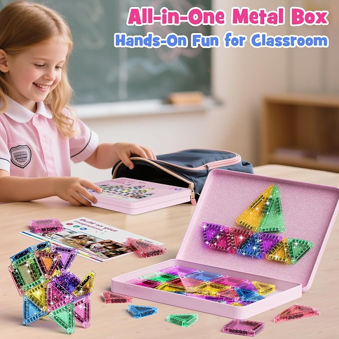 WMXDU 42-Piece Glitter Magnetic Tiles Travel Set with Pink Metal Box - Portable STEM Building Blocks for Kids Ages 3-8 Boys & Girls STEM Montessori Educational Toys for Airplane Car Rides