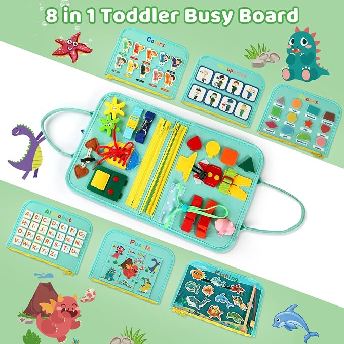 Toddler Busy Board for 1 Year Old, Montessori Toy Sensory Busy Book for Toddler 1-3 Fishing Game Fine Motor Skill, Learning Car Ride Airplane Activities Travel Essential 2-4 Birthday Gift for Boy Girl