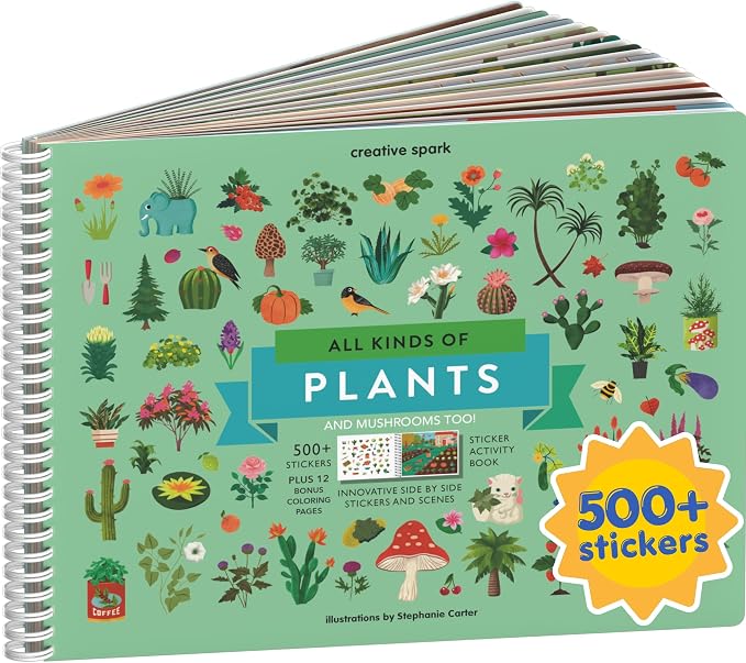 Cupkin Plants & Mushrooms Coloring & Sticker Activity Book | 500+ Stickers | Spiral-bound kids craft format with 12 scenes, 12 art pages, side-by-side viewing, and an easy-peel design for ages 2–8