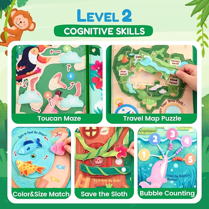 JoyCat Jungle Busy Board for Toddlers 2-4, 25 in 1 Busy Book | support fine motor practice, counting, matching, problem solving, pretend play, and screen-free fun at home or on the go