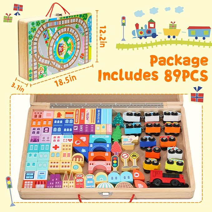 Adena Montessori Wooden Tabletop Train Set, Large, 3+ | Safe wood, 75 blocks + Train. Build tracks & city. Boosts motor, logic & creativity. Take-along tabletop. Gift 3+.