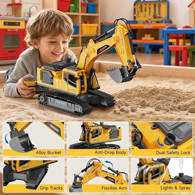 Remote Control Excavator Toy for Boys, 2.4GHz RC Excavator Toys with Metal Bucket, 12-Channel Construction Vehicle with Mist/Lights/Sound, 2x1200mAh Batteries, STEM Birthday Gift for Kids 3-12