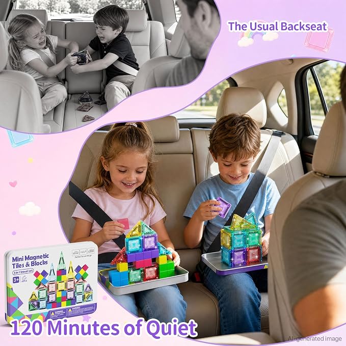 Travel Magnetic Tiles Building Set STEM Educational Building Toys | 48 PCS Transparent 3D Magnetic Blocks with Construction Board for Boys & Girls Ages 3-8 (3 in 1 Compatible)