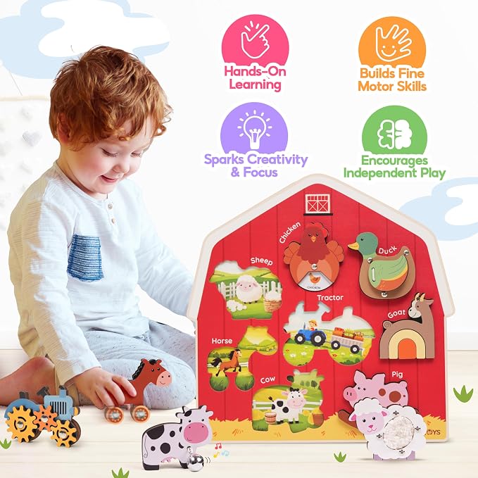 KALOTOYS Wooden Farm Animal Puzzle for Toddlers 1-3 – 8 Piece Montessori Sound & Sensory Puzzle with Textures & Spinning Tractor Gears – Fine Motor Learning Toy & Autism-Friendly Baby Gift