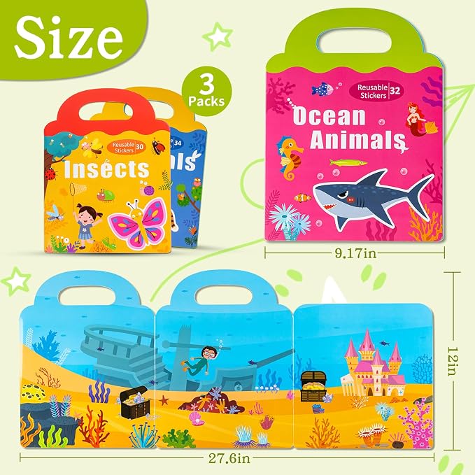 pinkking 3 Sets Magnetic Reusable Sticker Book for Toddler, Animals/Ocean Animals/Insect Theme Activity Magnet Book for 3 4 5 Years Boys Girls Road Trip Airplane Train Travel Essentials Toy