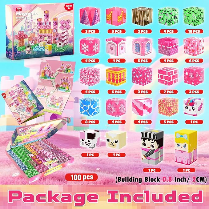 Magnetic Blocks - 100 PCS Transparent Magnetic Building Block for Kids, Pink Princess Castle Magnet Cubes Sets, Princess Toys for Girls Ages 3 4 5 6 7 8-12 Birthday Gifts