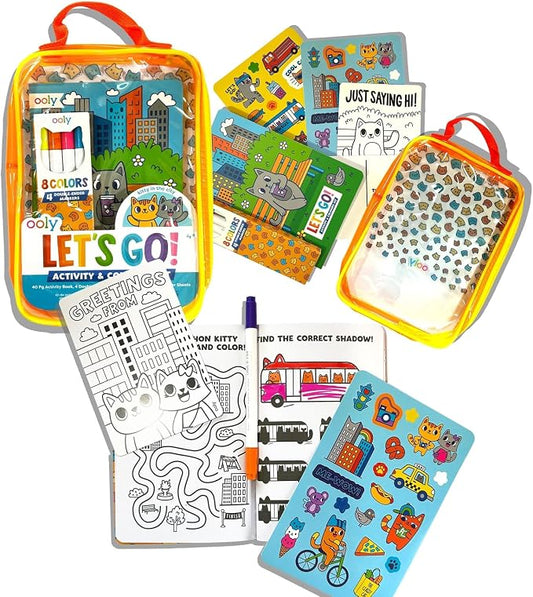 Ooly Let's Go Activity & Coloring Kit – Kitty in the City | Portable All-In-One Set with Cute Zipper Case, Markers, Stickers, Puzzles, and Coloring Pages, Kids Screen-Free Entertainment