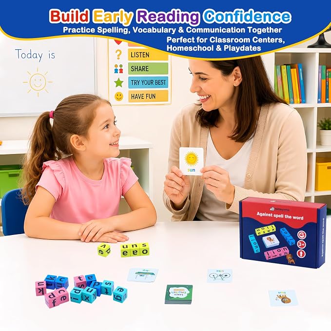 Spelling Games for Kids Ages 3-8, Learn to Read Phonics & Word Building Game with 40 Flash Cards, 16 Wooden Letter Blocks for Screen-Free Family Fun & Preschool Classroom Learning