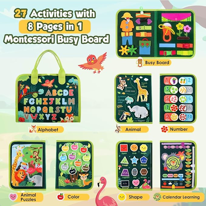 GOLIYEAN Toddler Busy Board - Montessori Toys for 2 Year Old Boy Girl Birthday Gift, Educational Learning Sensory Busy Book for Toddlers, Ages 2-4 Travel Toys for Airplane Car, Toddler Activity Books