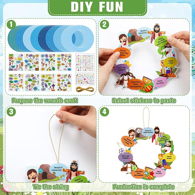 Hollowfly 48 Sets Christian Easter Wreath Craft Kit for Sunday School | 8 Jesus-Themed Designs with Cross, Donkey and Empty Tomb, Bible Stickers for Church and VBS Activities