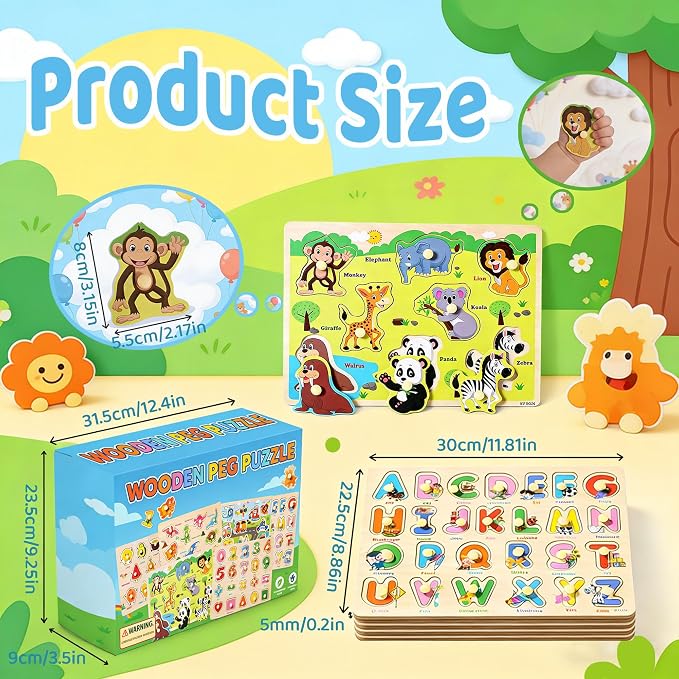 Wooden Peg Puzzles for Toddlers 1-3 – 6 Pack Toddler Puzzles, Preschool Educational Learning Puzzle Toys for Kids, Alphabet, Number, Shapes, Christmas Birthday Gifts for Boys, Girls