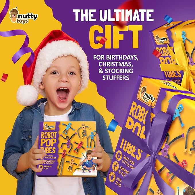 nutty toys Sensory Robot Toys 4pk - Top Pop Tubes Fidget 2026 for ADHD & Autism Ages 3 4 5 6 7 8 9 10 11 12, Best Kids Travel Idea, Unique Christmas Toddler & Tween Gift Idea & Boy Stocking Stuffers