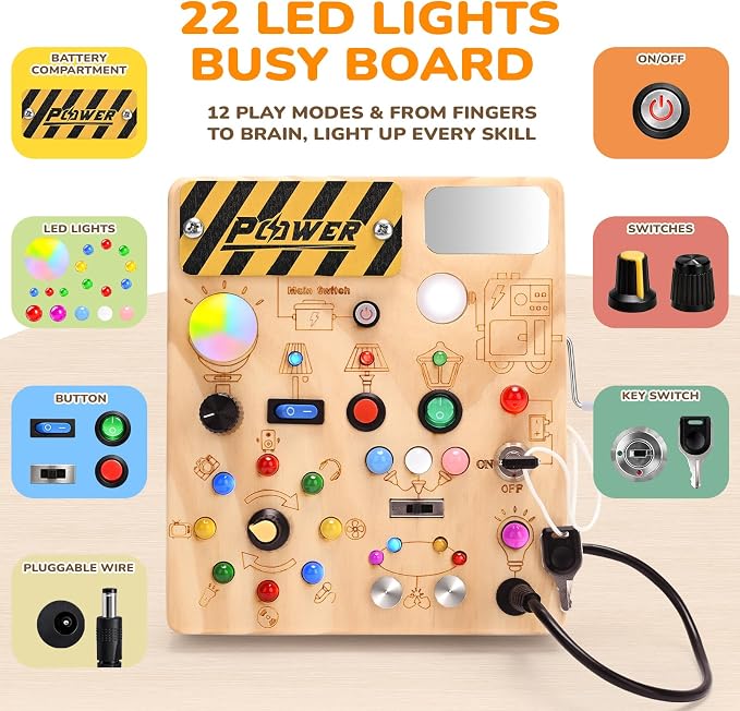 Busy Board for Toddlers - Montessori Toys for 1-3 Year Old Boys & Girls | 12 Switches & 22 Lights Sensory Activity Board, Develops Fine Motor Skills, Educational Travel Toys, Birthday Gift for Kids