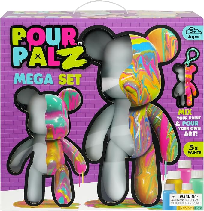 Pour Palz DIY Paint Pouring Kit, Create Custom Art with XL & Standard & Keychain Figure, 5 Acrylic Pour Paints -Fun Creative Hobby for Kids & Adults, Unique Collectible Craft Set, Mega Pack, Ages 5+