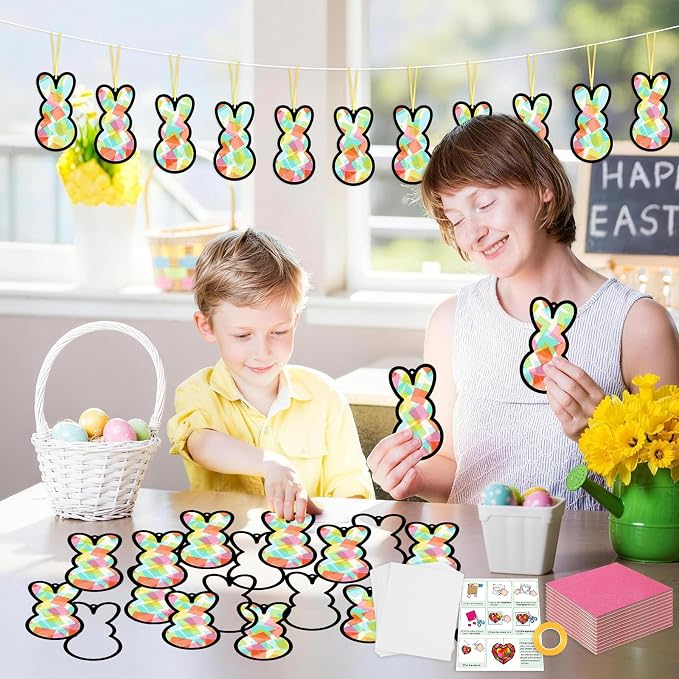Qyeahkj 36 Set Easter Bunny Suncatchers Crafts for Kids DIY Colorful Rabbits Window Tissue Paper Craft Kit Hanging Decor for Easter Classroom Home Activity Art Project Birthday Party Favor