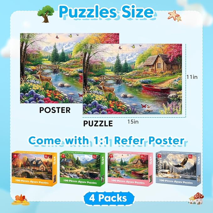4-Pack 100 Piece Puzzles for Seniors Country Life Large Piece Puzzles for Seniors Puzzle Dementia Alzheimer's Products Activities for Elderly Adults Kids Puzzle for Kids Ages 6-8 8-10