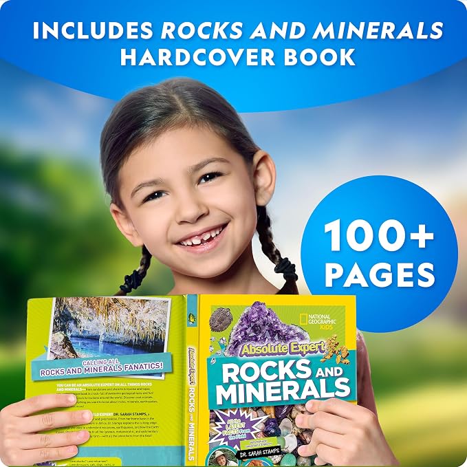 National Geographic Rock Collection Box & Rocks and Minerals Expert Book | Real Gemstones, Crystals & Minerals, Absolute Expert Book, Geology Learning, Rock Collection, Storage Box, Birthday Gift