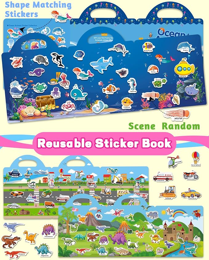 Walenced Reusable Sticker Book for Toddlers, Stickers for Kids, Toddler Toy | Toddler Craft Activities, Toddler Travel Toys, Boy Girl Birthday Gifts, Airplane Travel & Road Trip Essentials Kids