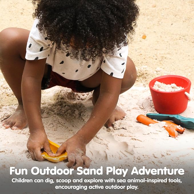 PlanToys® Sand Play Set Wooden Montessori Outdoor Sensory and Fine Motor Toy | Creative, Tactile and Imaginative Beach Learning Activity | Eco Friendly Sand Tools for Open Ended Play