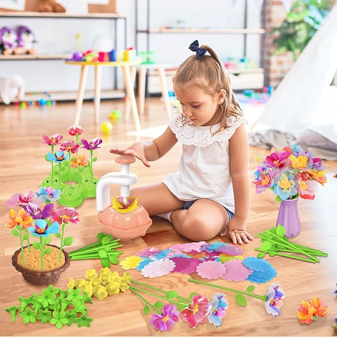 Kufanda 222 Pcs DIY Flower Bouquet Making Kit for Kids Ages 4-8 — Fabric Flower Craft Set with Embossing Machine, Screen-Free STEM Educational Gift Toy for Girls, Granddaughter Birthday Christmas