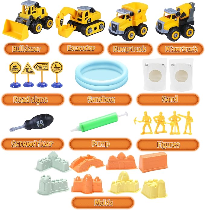 YIDESTARS Sensory Bin – Large Take Apart Trucks for Toddlers 3+ | 2.2lbs sensory sand, 4 trucks (dump/excavator/bulldozer/mixer), 8 figures, road signs, 8 molds, gift for boys girls