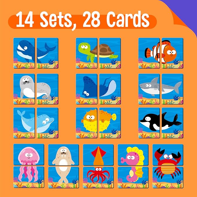 SpriteGru Marine Animal Memory Game, 28 Chunky Cards Sea Animals Head Tail Matching Game 1-5 Players Underwater Creatures Memory Matching Game for Preschoolers, Toddlers, Kids
