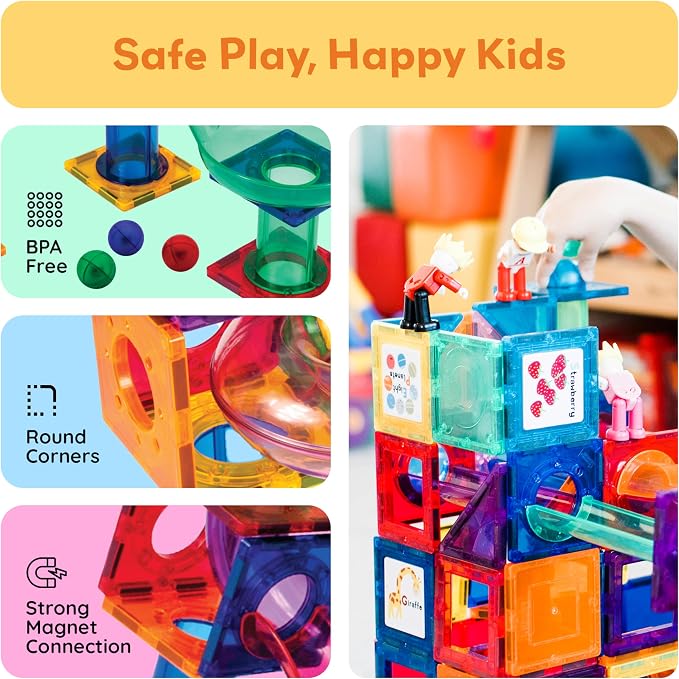 PicassoTiles 70 Piece Marble Run Magnetic Tiles Race Track STEM Ages 3+ | 8 quarter-round turns, 10 long slides, 4 U-turns, 2 funnels & 2 slopes, 4 weighted balls, BPA-free, fine motor & spatial play