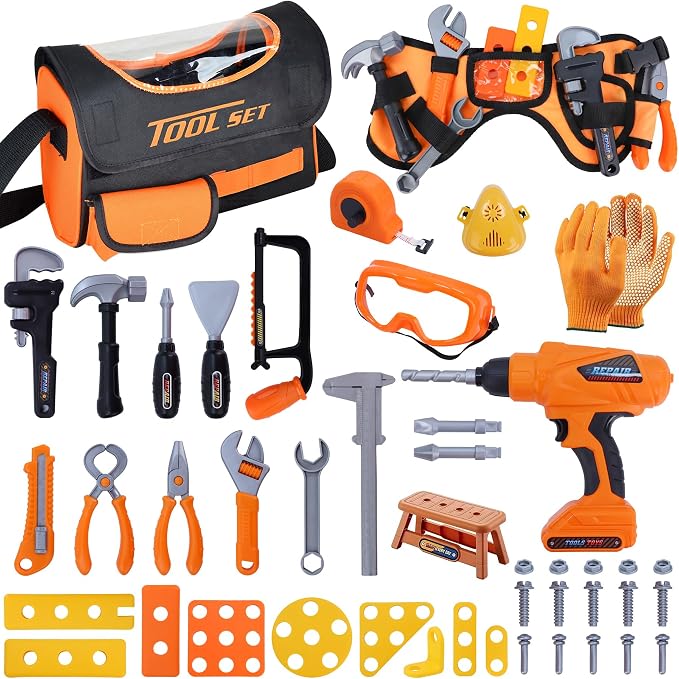 Magic4U Kids Tool Set, 52PCS Toddler Toolbag with Electric Drill, Tool Belt | Electric Drill with 3 bits, Pretend Play Construction Toys Costume Adjustable Tool Belt, Gloves and Goggles for Age 3-8