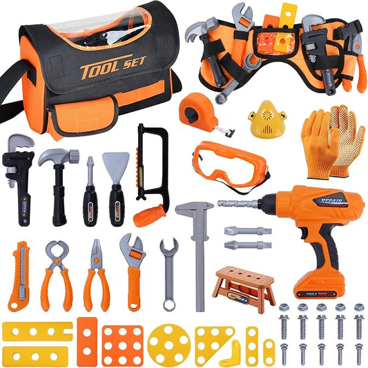 Magic4U Kids Tool Set, 52PCS Toddler Toolbag with Electric Drill, Tool Belt | Electric Drill with 3 bits, Pretend Play Construction Toys Costume Adjustable Tool Belt, Gloves and Goggles for Age 3-8