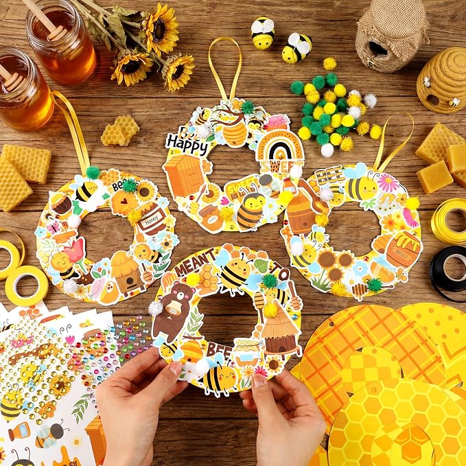 Hollowfly 48 Sets Bee Craft Kits DIY Summer Wreath with Honey Stickers | Paper Bee Crafts for Kids Activities, Sunflower Decorations with Adhesive Honey Stickers, Hanging Ornaments for Party