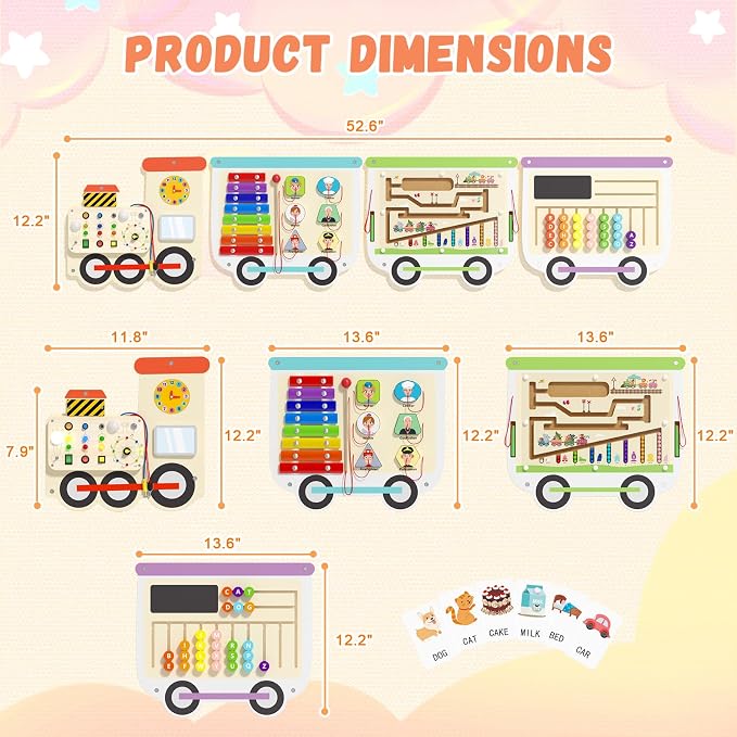 Montessori Sensory Board - Electric Train Wooden Wall Busy Board, Toddler Learning Panel Wall-Mounted, Interactive Playroom Activity Gifts for Kid, Educational Toys for 3-6 Years (Colorful Train)