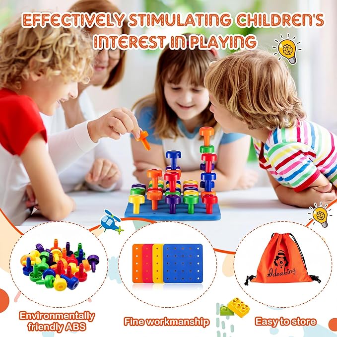 Toddler Peg Boards Montessori Stacking Toys,Red,Yellow,Blue,Orange | 120 Pcs Pegs with 4 Foam Boards & Storage Bag Kids Fine Motor Skills Educational Toy for Home Preschool