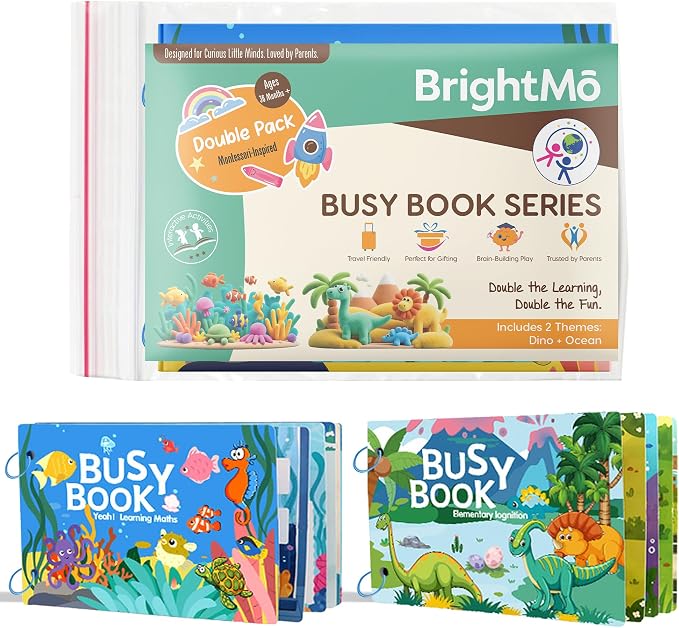 Montessori Busy Book Set (Dinosaur + Ocean) – Preschool Learning Activities for Ages 3+, Fine Motor Skills, Interactive Velcro Activity Kit, Travel Toy for Kids (2-in-1 Bundle)