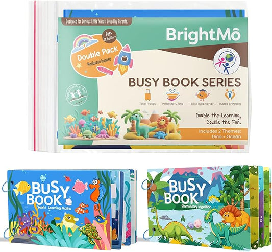 Montessori Busy Book Set (Dinosaur + Ocean) – Preschool Learning Activities for Ages 3+, Fine Motor Skills, Interactive Velcro Activity Kit, Travel Toy for Kids (2-in-1 Bundle)
