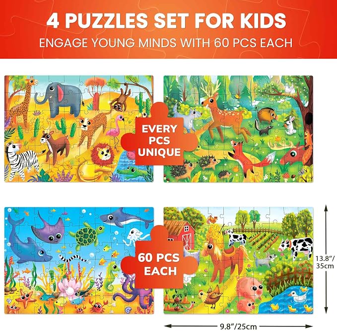 60 Piece Puzzles for Kids Ages 4-6 - 4 Jigsaw Toddlers Puzzles Ages 3-5 | Preschool Animals and Ocean Puzzles for Children Ages 6-8 - Kindergarten Gift for Boys and Girls Ages 7-10
