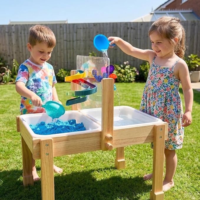 Sand and Water Table for Toddlers, Wooden Activity Sensory Table | Kid Outdoor Toys with Painting PS Board, 2 Collapsible Bins, Beach Accessories, 4 Washable Paint Crayons and Waterproof Cover