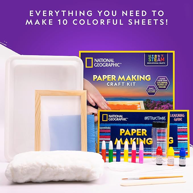 National Geographic Paper Making Arts and Crafts Activity Kit for Kids | Make and Decorate 10 Paper Sheets, Wooden Screen Mold, Paints and Craft Supplies, Scrapbooking, Creative Art Activity