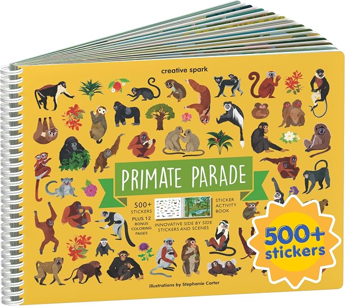 Monkey 500+ Kids Sticker Book by Cupkin Toddler Airplane Travel Activity Coloring and Sticker Book, Road Trip Essentials, 12 Coloring Pages 12 Scenes for Ages 2–8 Years