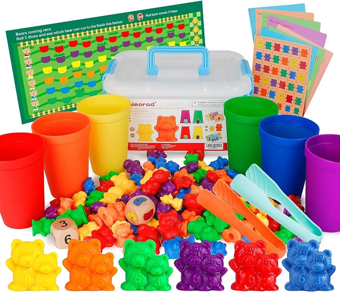 NEOROD Counting Bears - 90 Pcs Color Sorting Toys for Toddlers 1-3 & Preschool Learning Toys with Stacking Cups,Math Manipulatives with 2 Tweezers, 2 Dices, 12 Activity Cards & Storage Container