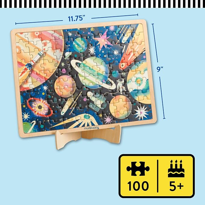 Mudpuppy Space Mission 100 Piece Wooden Puzzle for Kids, Ages 5+ | Outerspace Theme, Bright and Bold Illustrations, Sturdy Pieces, Display Stand Included, Room Décor