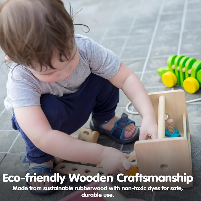 PlanToys Wooden Transforming Robot Tool Box with Wrench, Nuts & Bolts, Wooden Planks, and Shapes| Sustainably Made from Rubberwood and Non-Toxic Paints and Dyes | hammer, wrench, screwdriver, kids tool set, girls, boys, fine motor problem solving imagi...