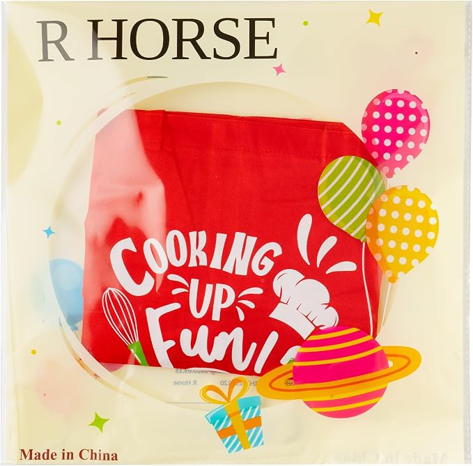 R HORSE Kid Apron and Chef Hat Set 2Pcs Adjustable Red Cooking Children Kitchen Apron, Waterproof Dress up Role Play Chef Toy Funny Cooking Baking Painting and Training Kit for Kid Birthday Party Gift