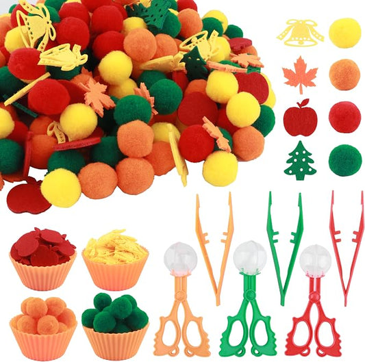 Apple Sensory Bin Filler, Fall Theme Gift,Trees, Leaves, Bells,Pom Poms, Counting Sorting Set,Toddler Toys, Fine Motor Toys Preschool Education Toys,for 3+ Years Old Kids, 294pcs.
