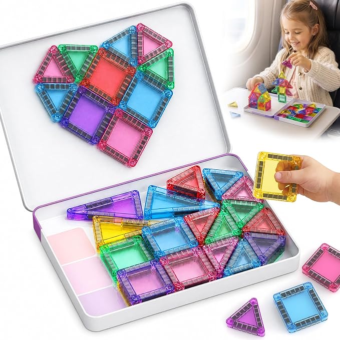 Magnetic Tiles for Kids Travel: 40pcs Portable Mini Building Toy | 30-Sec Iron Case Opens Into 10.6-Inch Play Board - STEM Gift for Toddlers Ages 3-6 - Airplane Road Trip Restaurant