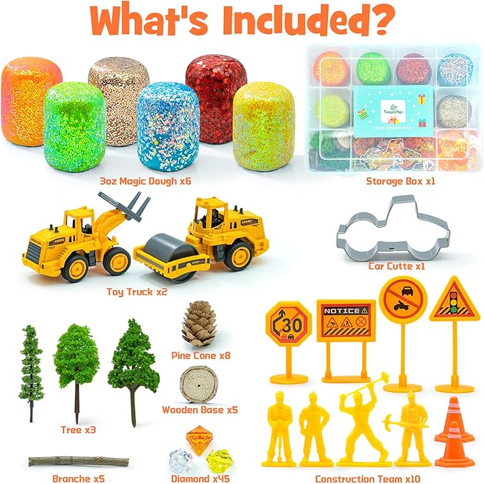SIMPLIPLAY Construction Sensory Kit with 6 PCS 18oz Glitter Doughs | Color Dough Set & Accessories(About 80pcs), Construction Boy Sensory Kit with Toy Trucks for Kids Toddlers Creative Gift
