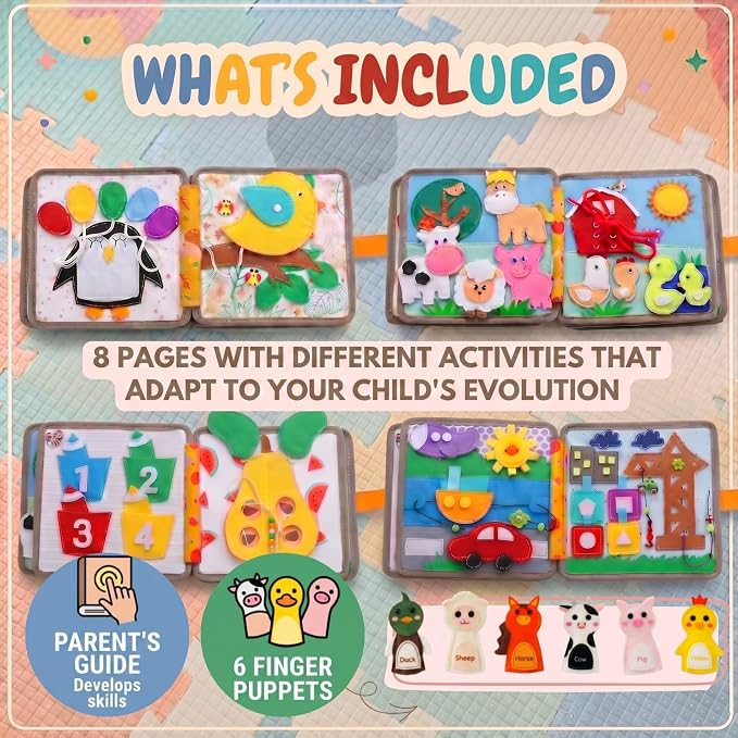 LUMS Busy Book for Toddlers 1-3 - Montessori Busy Board, Toddler Activity Book Ages 2-4, Felt Quiet Sensory Learning Travel Toy for 1 Year Old, Car & Airplane Rides