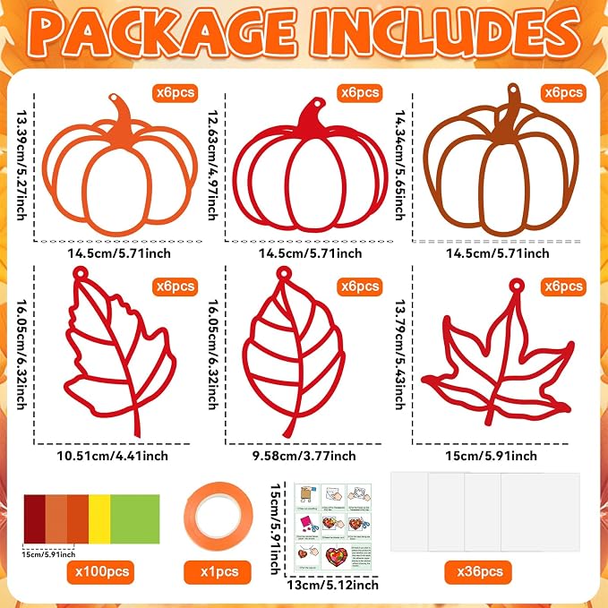 Qyeahkj 36 Set Fall Suncatchers Crafts for DIY Autumn Window Tissue Paper Crafts Kit Maple Leaves Pumpkin Hanging Decor for Thanksgiving Home Activity Art Project Birthday Party Favor Gift