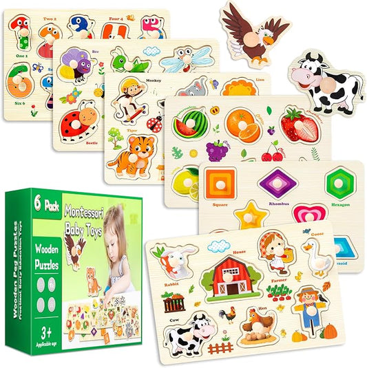 Wooden Puzzles for Toddlers,6 Pack Toddler Puzzles for Boys Girls,Montessori Toys for Baby,Preschool Learning Wooden Peg Puzzles for Kids with Farm,Insects,Numbers,Shapes,Animals,Fruits