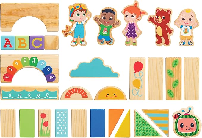 CoComelon JJ & Friends Wood Block Set, 30-Pieces, Recycled Wood, Officially Licensed Kids Toys for Ages 18 Month by Just Play